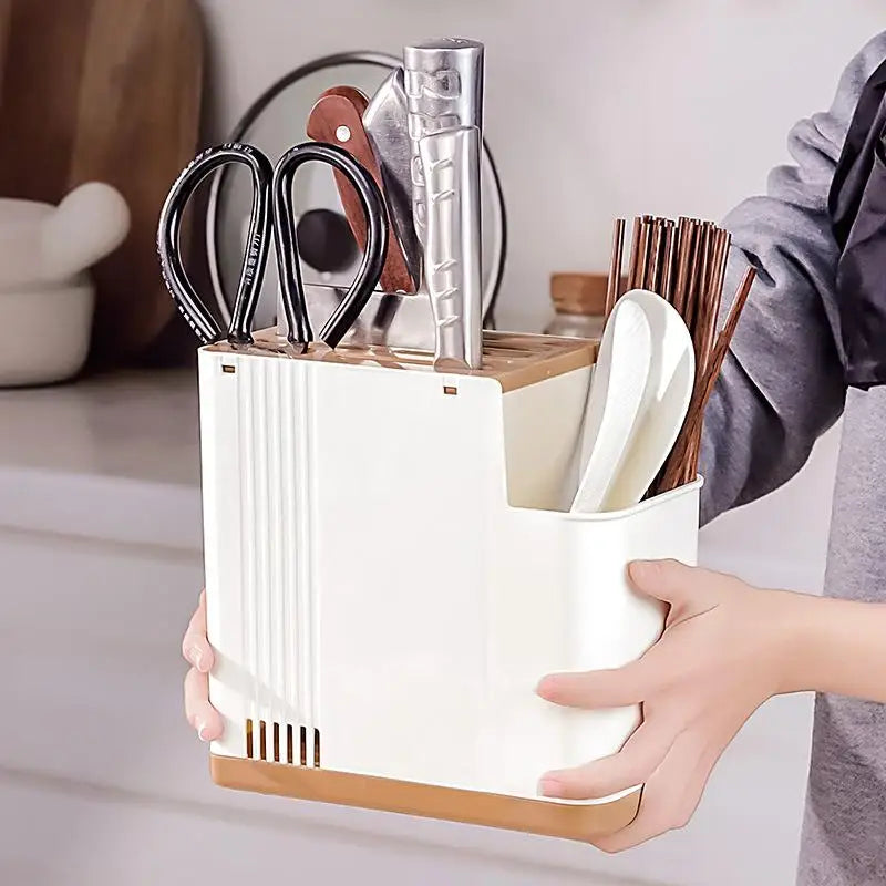 Multifunctional Kitchen Utensil Holder Knife Slots Drainage Base Countertop Storage Organizer Chopsticks