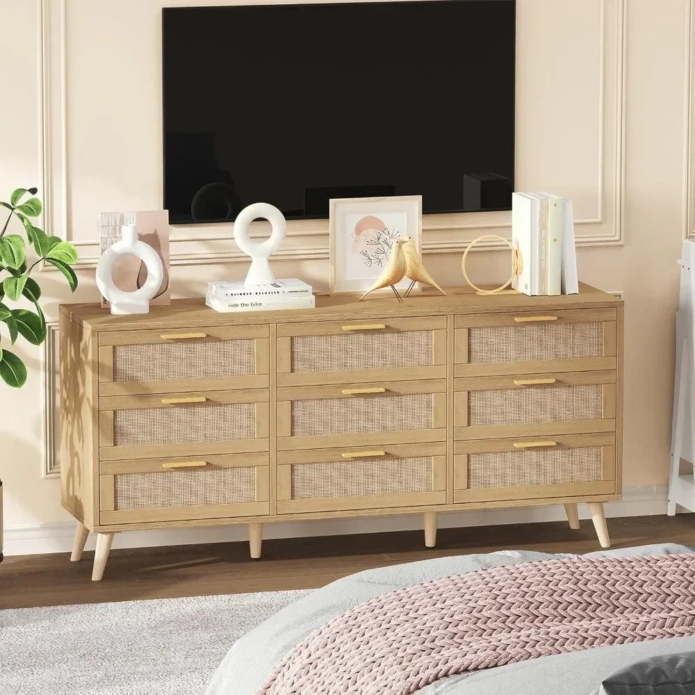 9 Drawer Double Dresser for Bedroom, Rattan Chest of Dressers, Modern Wooden Dresser Chest with Golden Handles, Beside Table