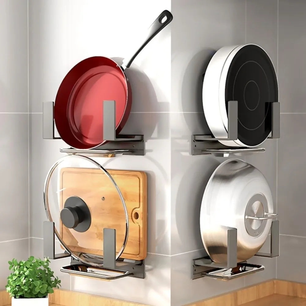 Wall Mounted Pot Lid Rack Space Saving with Drain Tray Cutting Board Holder No-Drill Sturdy Kitchen Storage Rack Kitchen Storage