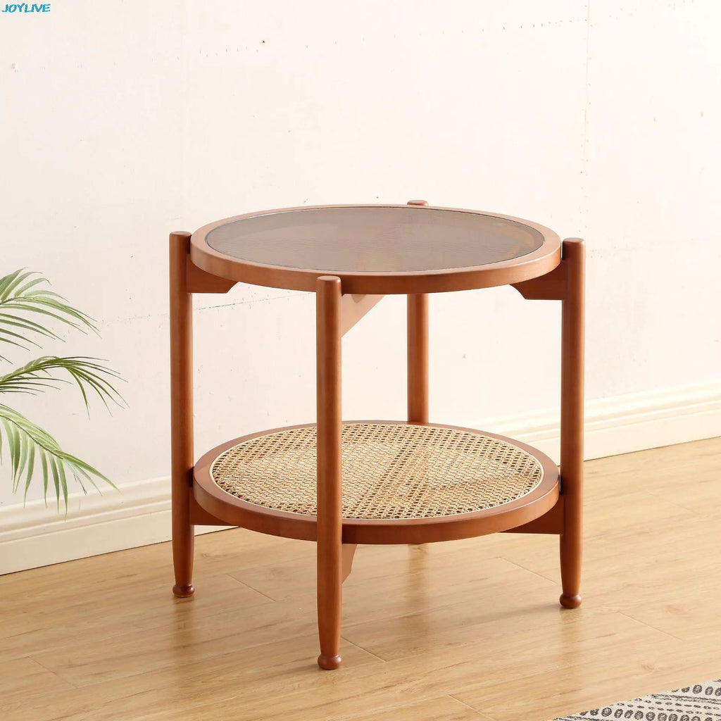 JOYLIVE Rattan Coffee Table Japanese Double Layer Detachable Solid Wood Table Glass Round Home Small Table 2022 New Dropshipping