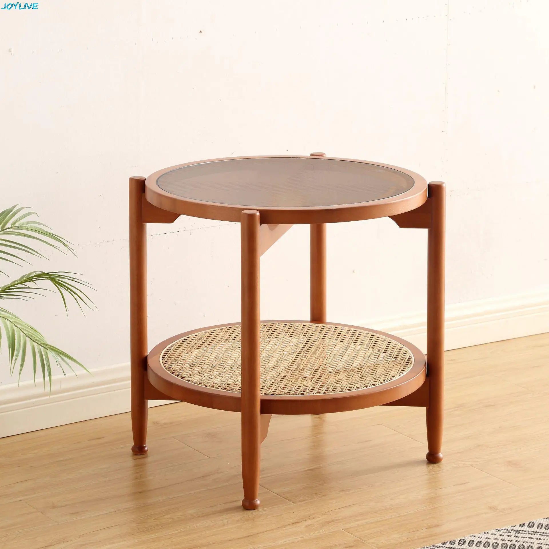 JOYLIVE Rattan Coffee Table Japanese Double Layer Detachable Solid Wood Table Glass Round Home Small Table 2022 New Dropshipping