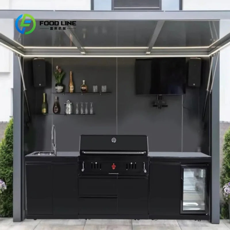 Customized Modern Premium Outdoor Kitchen 5-Burner Gas Grill 304 Stainless Steel Sink Shed Luxurious Family Party Catering Unit