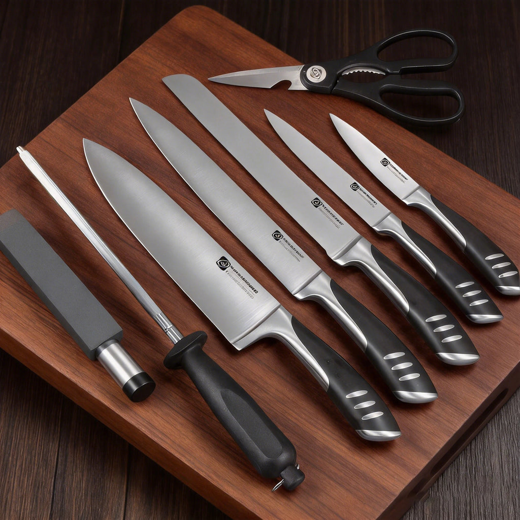High-quality 8piece premium stainless steel kitchen knife set including kitchen chef knives with rubber wood block knife holders