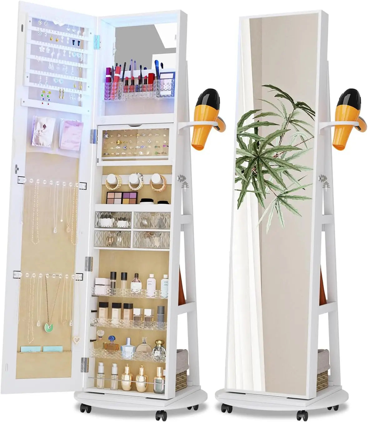 LED Mirror Jewelry Cabinet Standing - 360°Swivel Jewelry Armoire with Full Length Mirror, Mirror with Jewelry Storage and Large