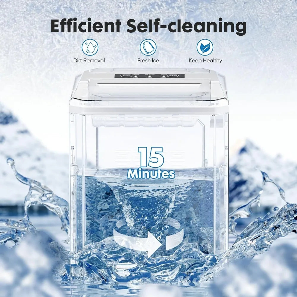 Countertop Ice Maker, Portable Ice Machine Self-Cleaning, 9 Cubes in 6 Mins, 26 lbs/24Hrs, 2 Sizes of Bullet Ice for Home Party