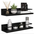 Floating Black Shelves with Metal Guardrail, Wall Mounted Shelf for Wall Decor Set of 2, Modern Bathroom Storage Shelves for Bat