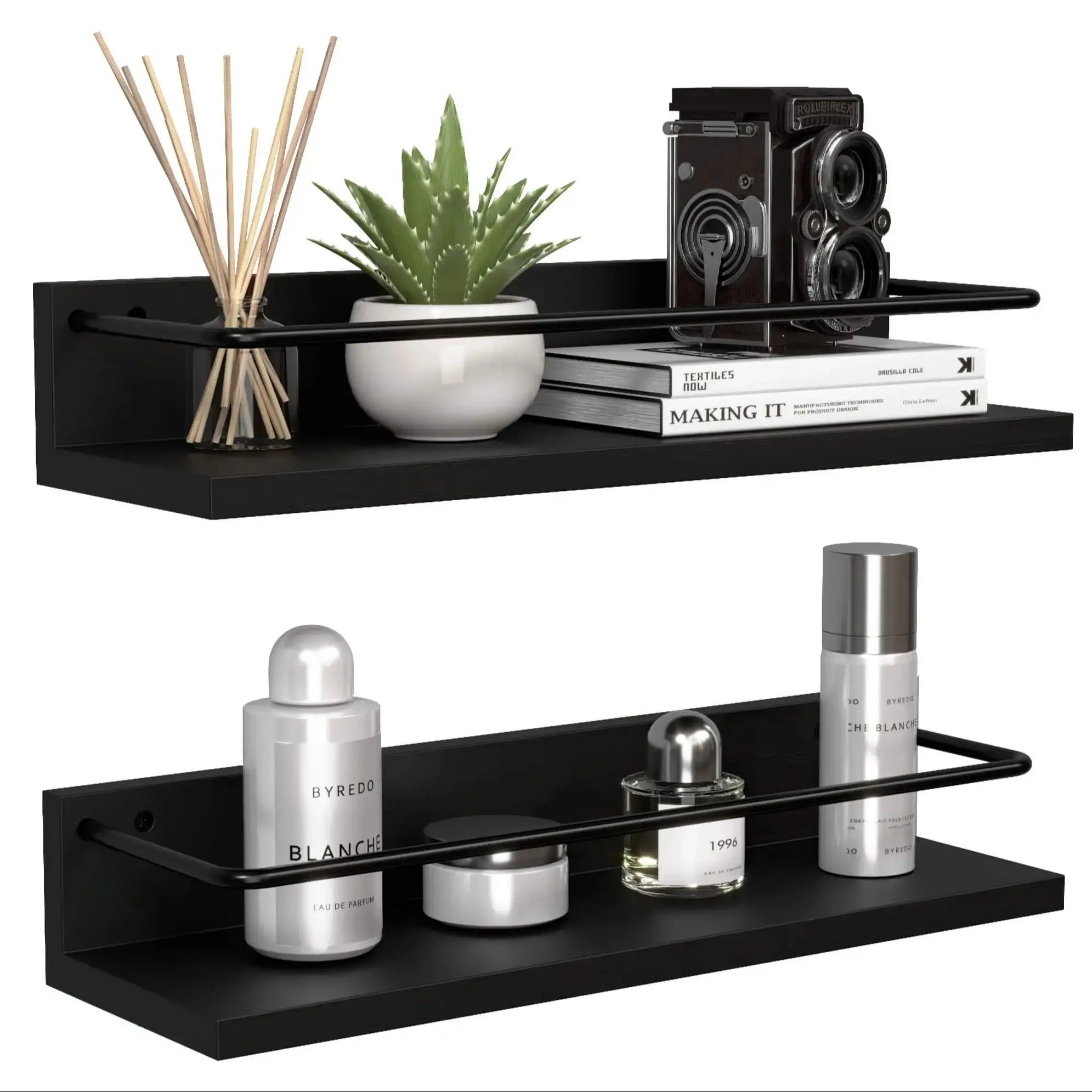 Floating Black Shelves with Metal Guardrail, Wall Mounted Shelf for Wall Decor Set of 2, Modern Bathroom Storage Shelves for Bat