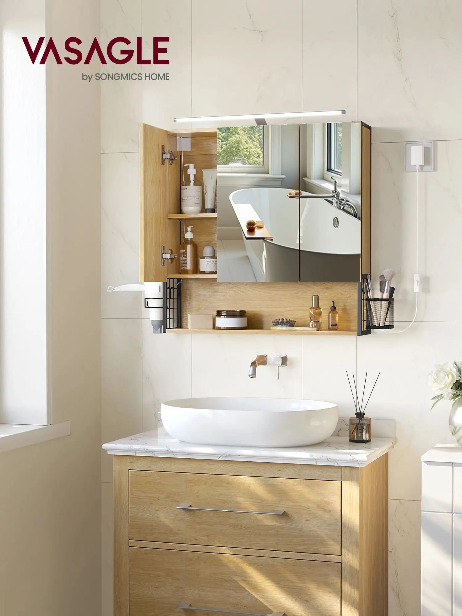 VASAGLE Mirror Cabinet Bathroom with Lighting Cable