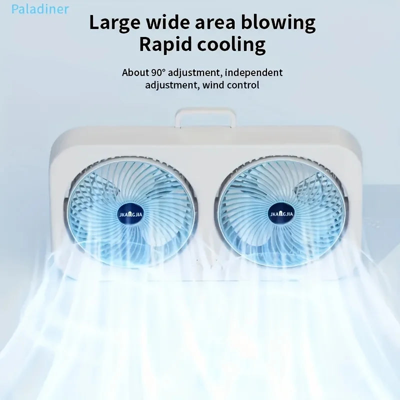 Dual head USB fan with 360 ° rotatable blades, wall mounted and free standing design, rechargeable, suitable for offices, bedroo