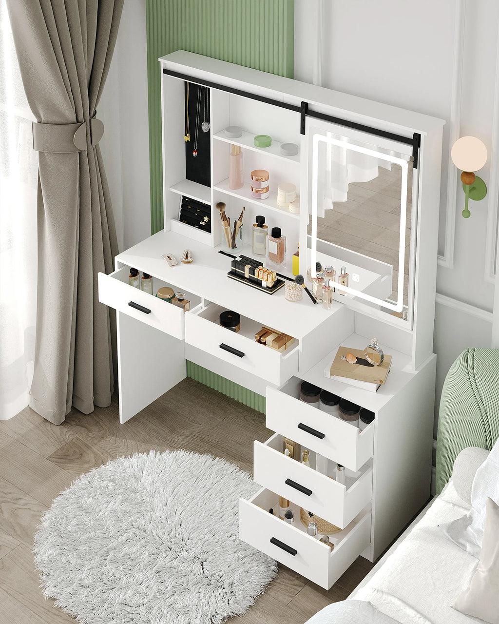 Dressing Table with Adjustable LED Lighting, Removable Large Mirror, with Jewelry Storage, Open Shelves, 5 Drawers,  White