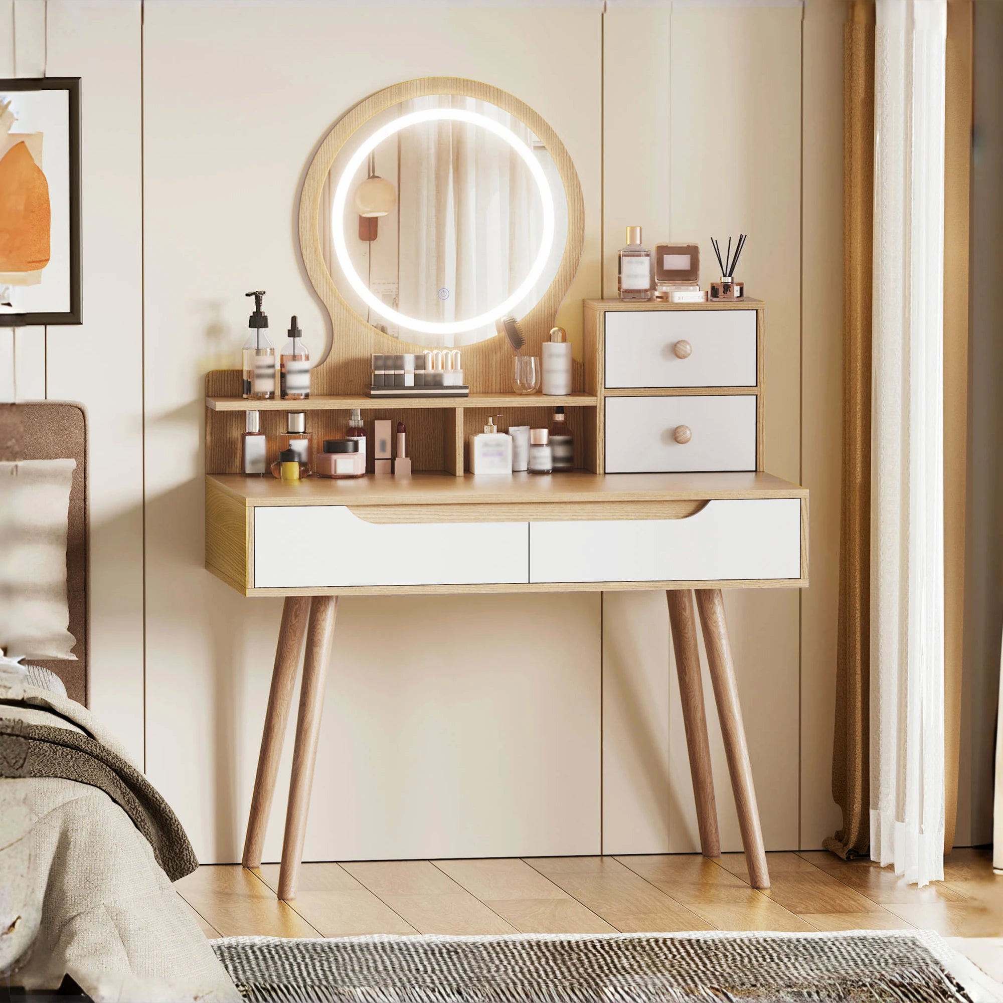 Makeup Vanity with 3 Colors Modes Adjustable Brightness Mirror, 4 Drawers 3 Storage Shelves, Dressing Table Modern Makeup Desk