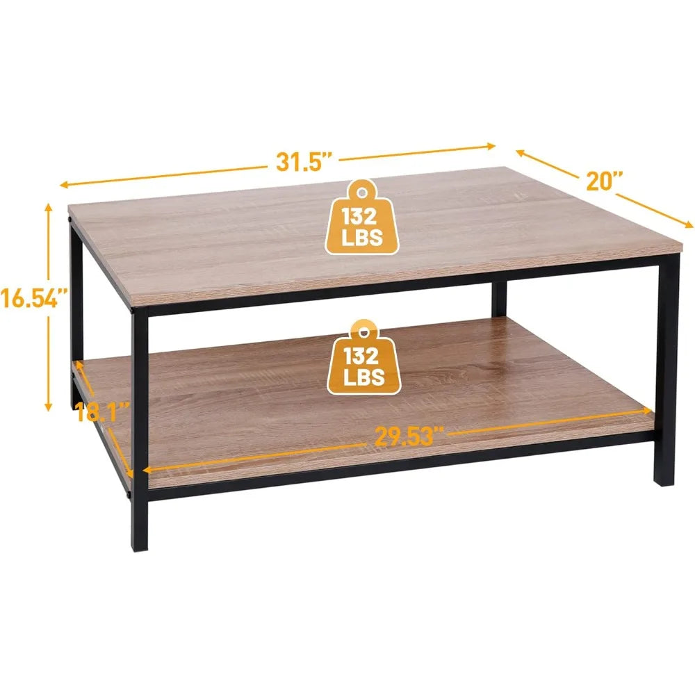 Industrial Coffee Table with Storage Shelf for Living Room, Wood Look Accent Furniture with Vintage Wooden Board Stable Metal F