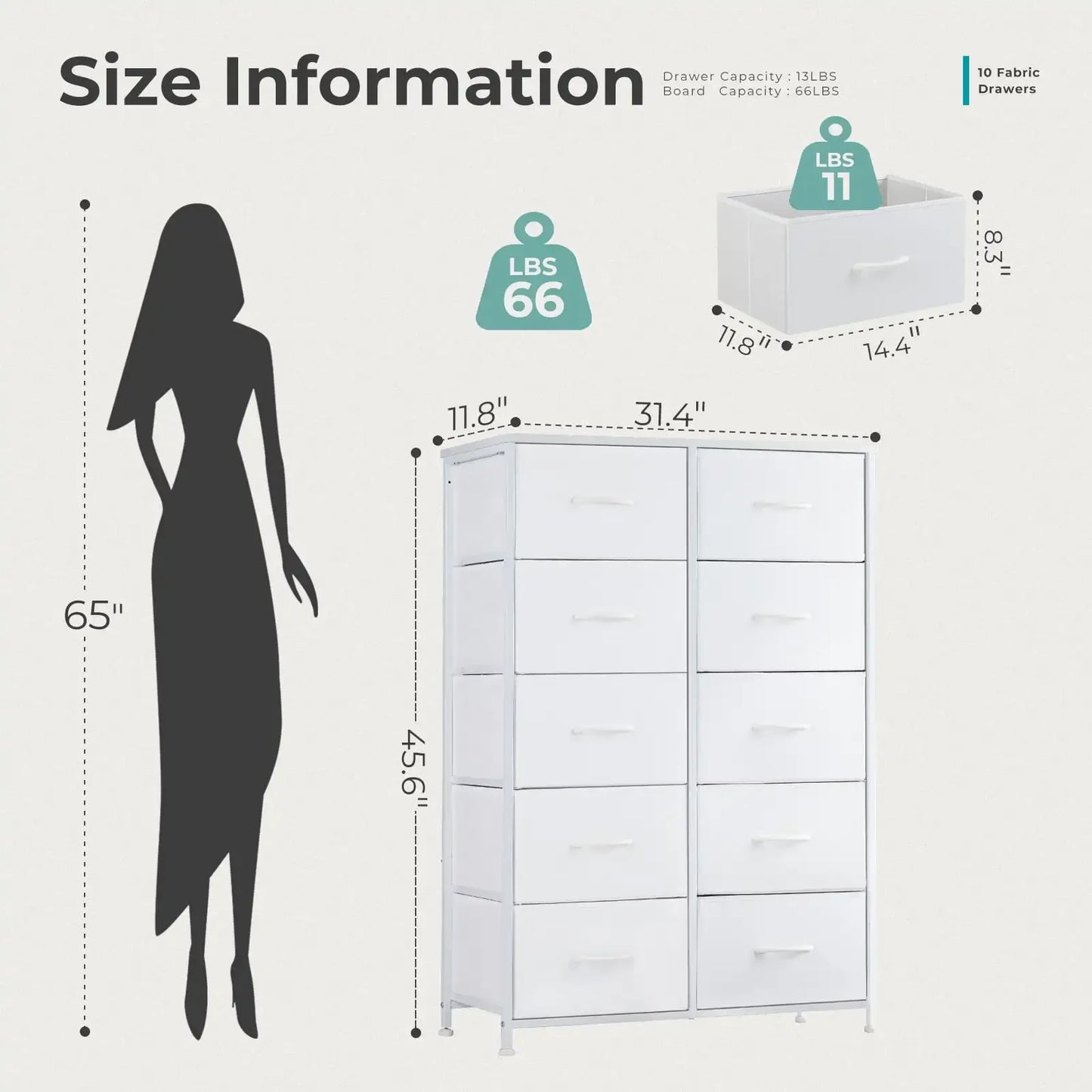 10 Drawer Dresser for Bedroom, Tall Chest Organizer with Fabric Bins, Steel Frame, White
