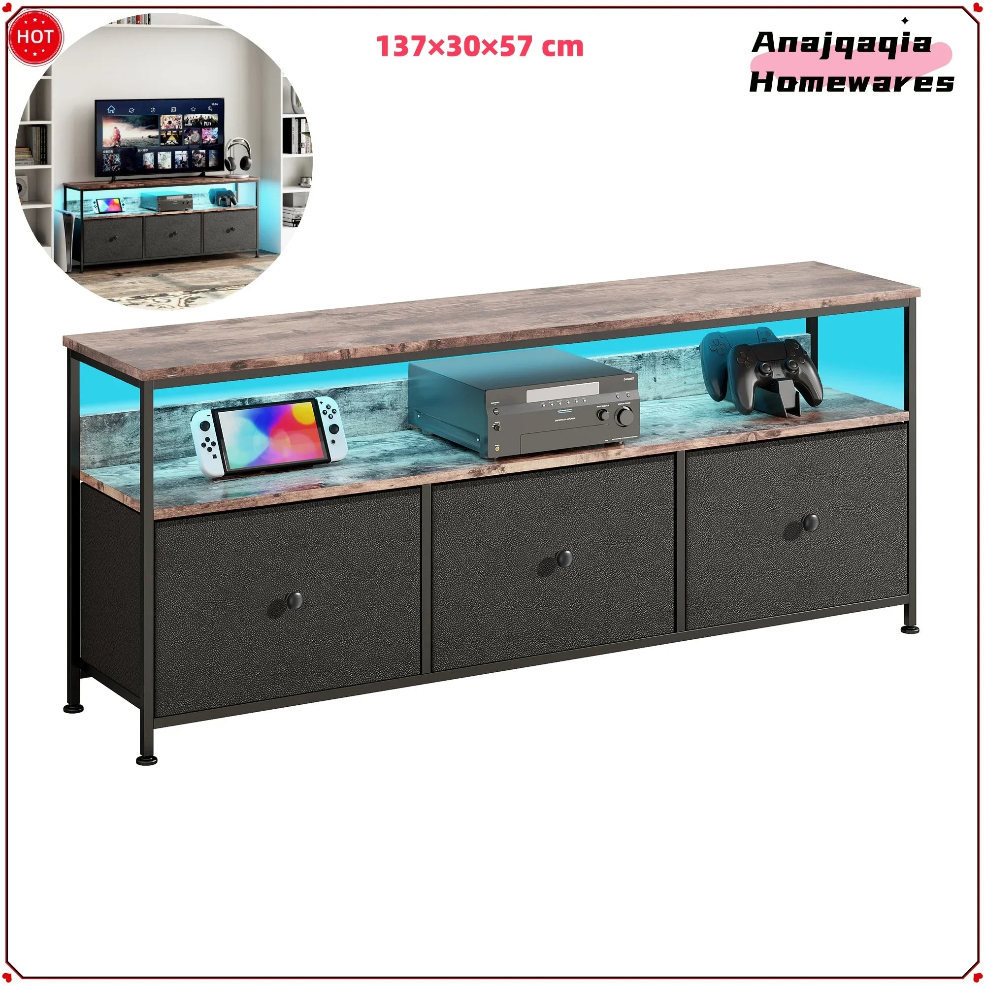 Anajqaqia TV Cabinet, LED Colour Changing TV Cabinet with 3 Drawers, TV Table, with Open Storage Space for Living Room, Bedroom