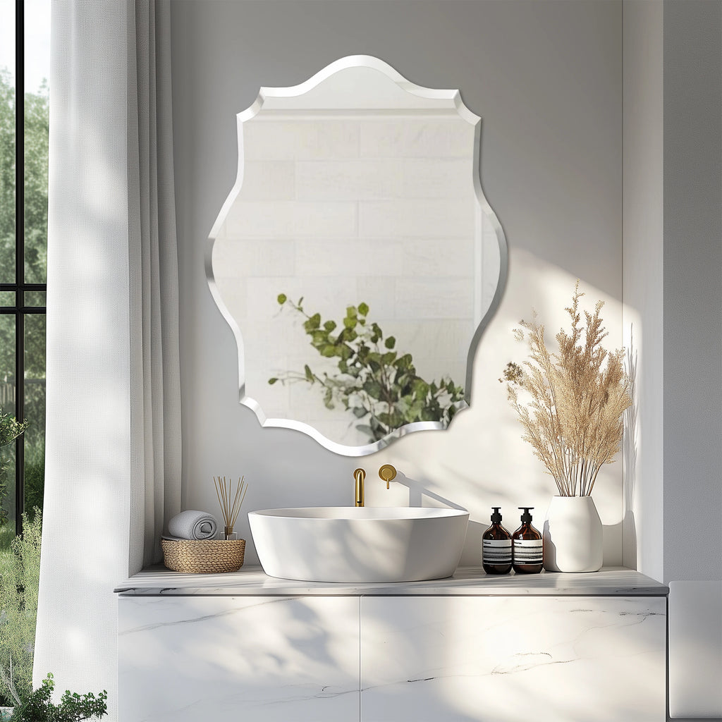Wisfor Wall Mirror Scalloped Frameless Beveled Edge Polished for Bathroom, Living Room, Vanity, Bedroom, Slive Mirror