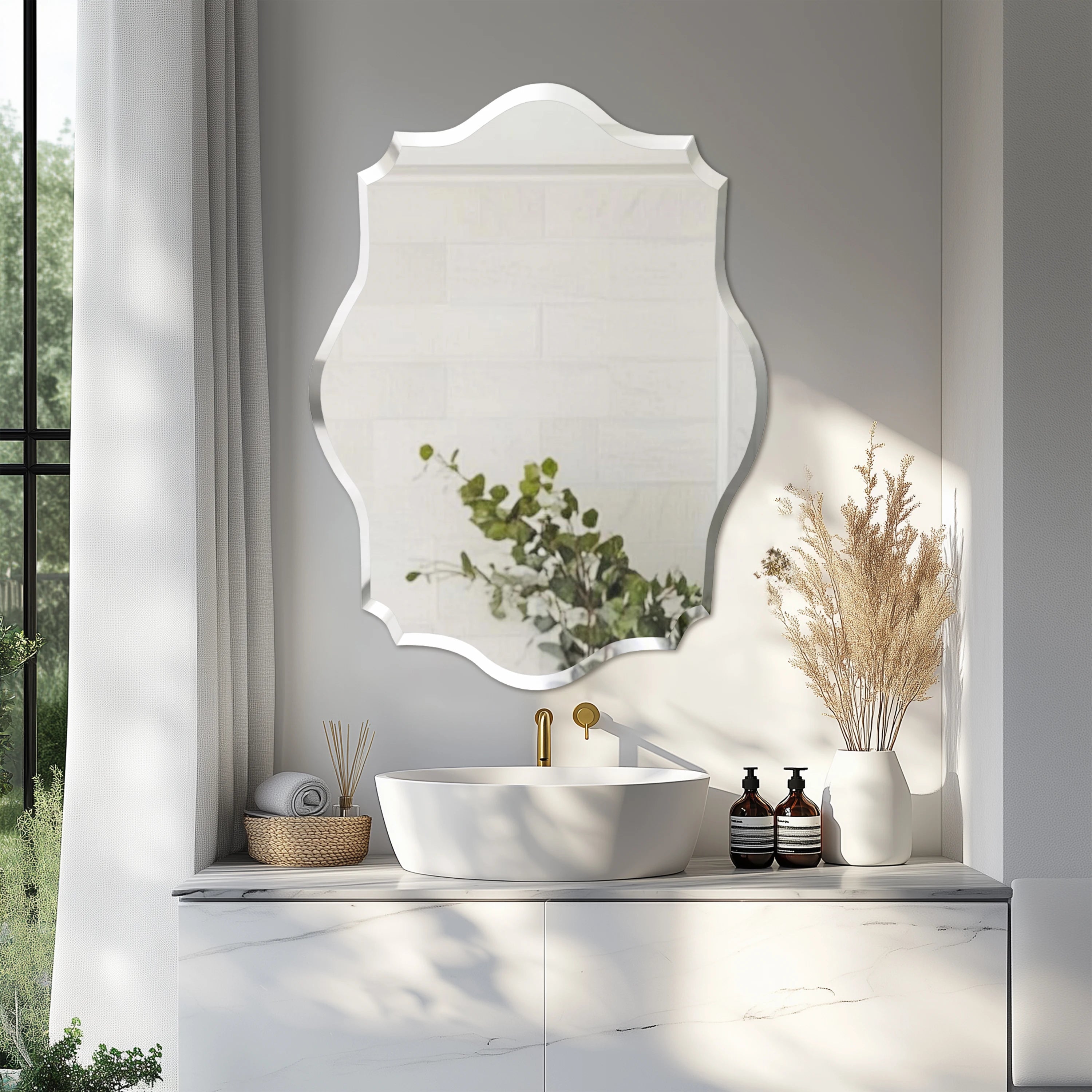Wisfor Wall Mirror Scalloped Frameless Beveled Edge Polished for Bathroom, Living Room, Vanity, Bedroom, Slive Mirror