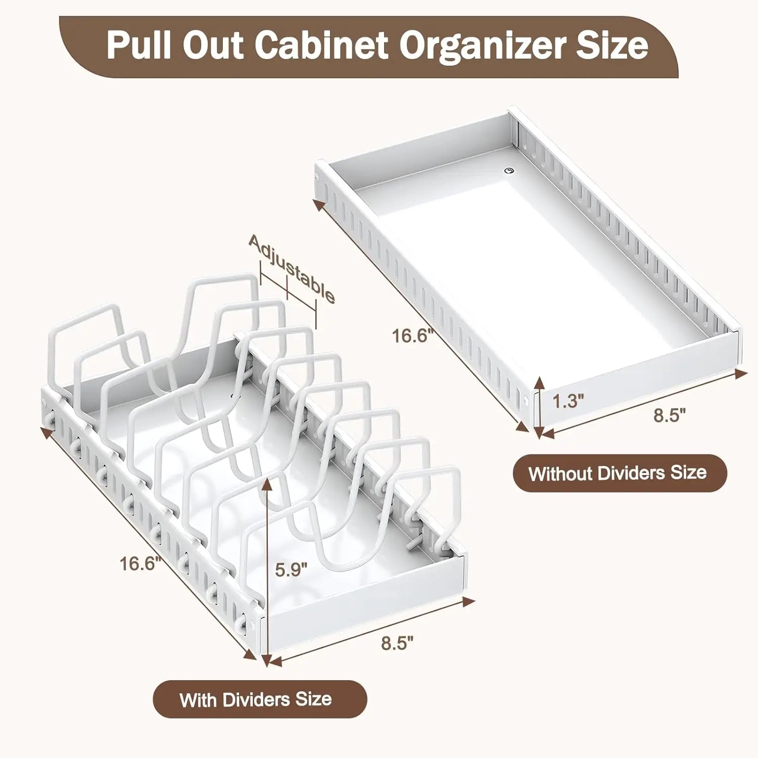 Pull Out Pan Pot Rack Organizer with Adjustable Dividers, Space Saving Under Cabinet Cookware Storage for Pots Pans Lids