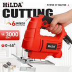 HILDA Electric Jig Saw Household Plug - in Brushed Six Speed Electric Curved Cutting Tool Suitable For A Wide Range Of Materials