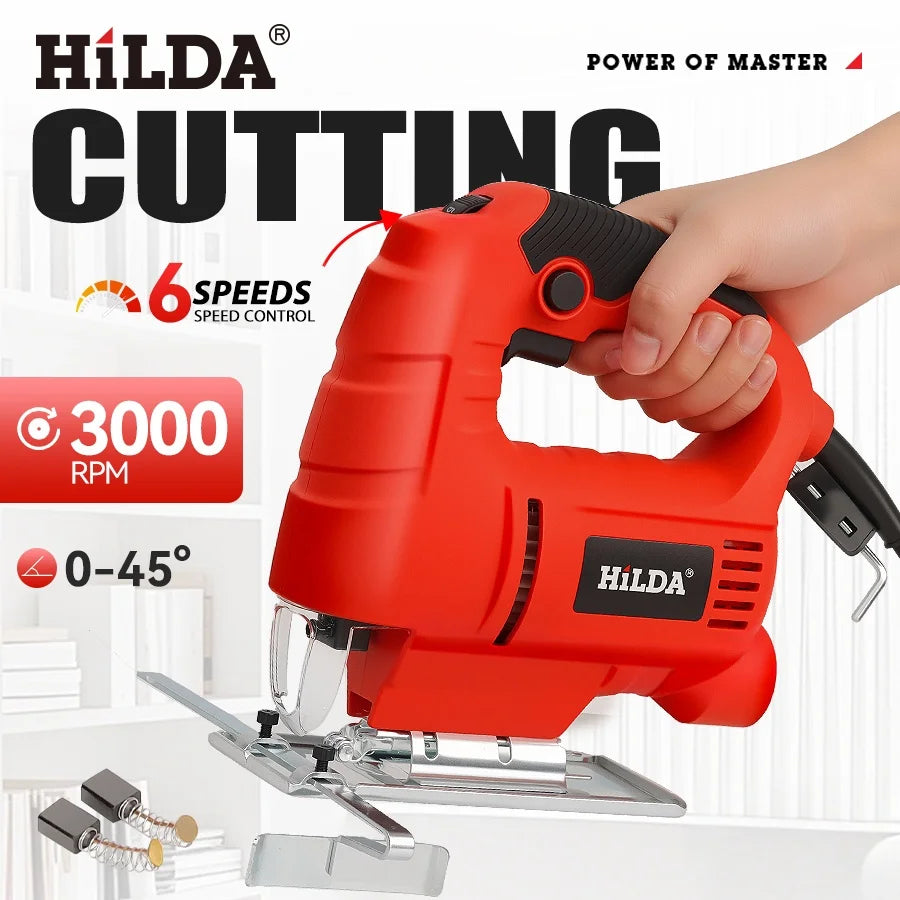 HILDA Electric Jig Saw Household Plug - in Brushed Six Speed Electric Curved Cutting Tool Suitable For A Wide Range Of Materials