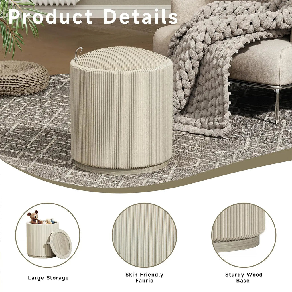 Round Storage Stools＆Ottomans Makeup Vanity Organizer Chair with Removable Lid Wood Upholstered Footrest for Living Room Bedroom