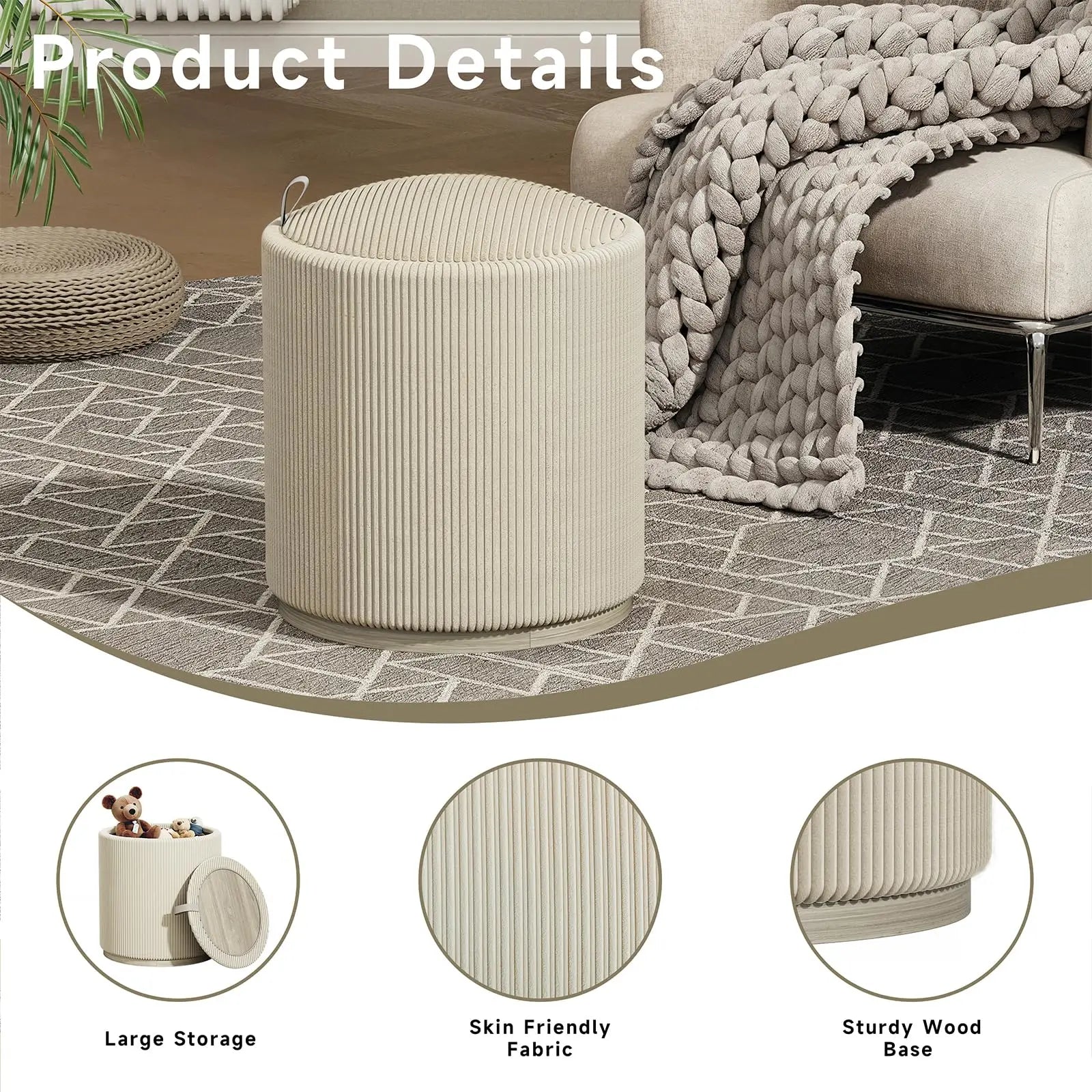 Round Storage Stools＆Ottomans Makeup Vanity Organizer Chair with Removable Lid Wood Upholstered Footrest for Living Room Bedroom