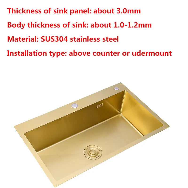Gold Kitchen Sink Above Counter 304 Stainless Steel Single Bowl Goldn Basket Drainer Soap Dispenser Washing Basin