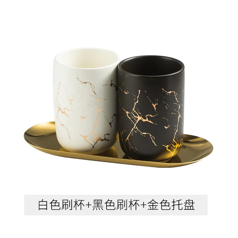Creative Marbled Gold Plated Mouthwash Cup Couple Toothbrush Holder Bathroom Accessories Ceramic Mouthwash Cup Home Decoration