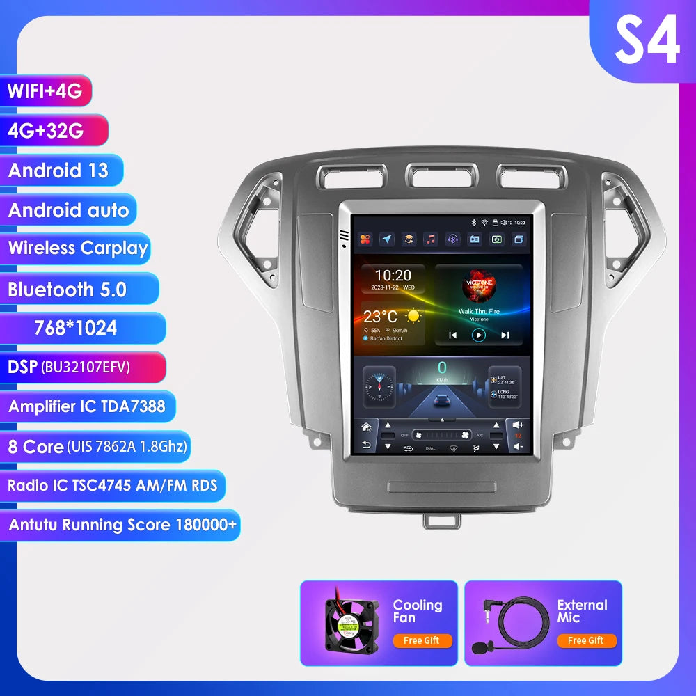Hizpo For Tesla Style Car Radio For Ford Mondeo Mk4 Galaxy A/C 2007-2010 Carplay Screen Monitor Navigation Head Unit Player DSP