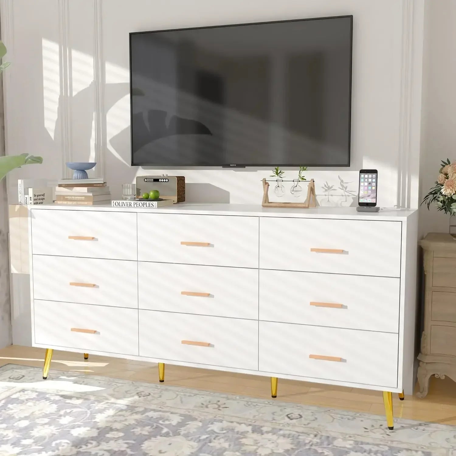 9 Drawer Dresser for Bedroom, 63” Long Dresser with Charging Station, Modern Chest of Wide Drawers ， White