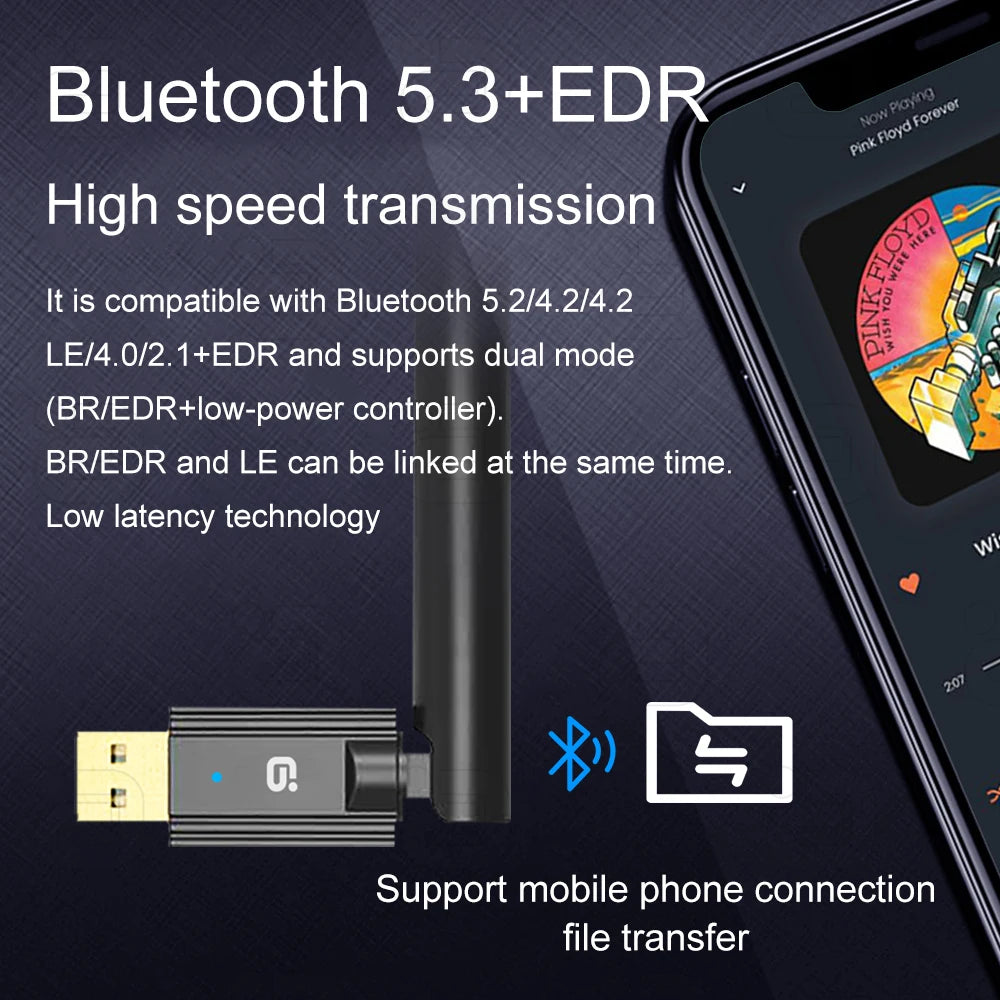 AYINO 100M USB Bluetooth 5.3 Dongle Adapter aptX for PC Wireless Speaker Printer Mouse Keyboard Audio Receiver Transmitter