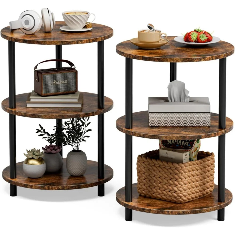 Small Round End Table - 3 Tier Design Accent Table, Narrow Side or Bedside Stand, Industrial Vintage Nightstand
