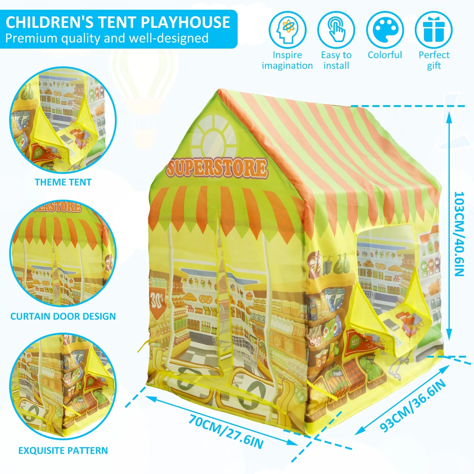 Kids Playhouse Polyester Large Size Playhouse Tent Colorful Cute Foldable Castle Play Tent for Boys Girls Indoor Outdoor Game