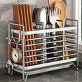 Space-saving 1pc utensil holder: wall-mounted, 2/3 grids, drip tray & 4 hooks. Kitchen must-have!