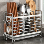 Space-saving 1pc utensil holder: wall-mounted, 2/3 grids, drip tray & 4 hooks. Kitchen must-have!