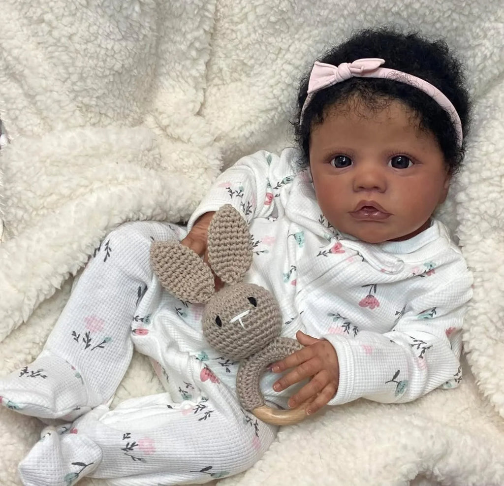 NPK 48cm Lifelike Reborn Baby Doll Dark Skin Primrose Awake with Multi-Layer Painting And Similar Outfit Collectible Doll