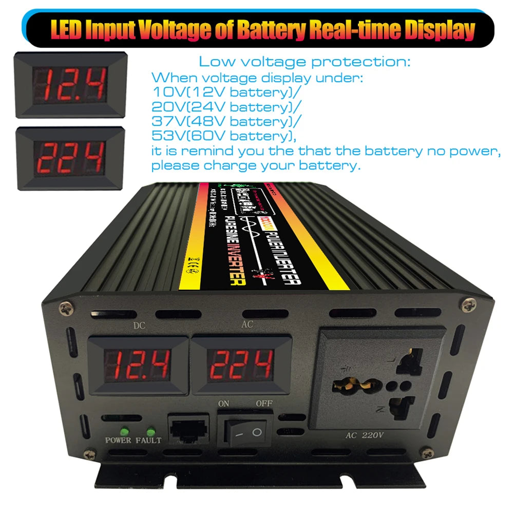 10000W/12000W Car Inverter LCD Display Vehicle Smart Inverter DC 12 V To AC 220V Digital Pure Sine Wave Power Inverter