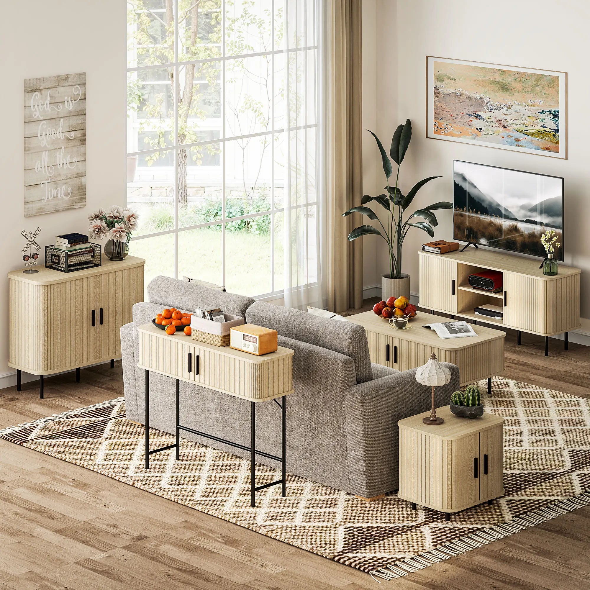 HOMCOM Sideboard Storage Cabinet with Slatted Tambour Sliding Doors Oak Tone