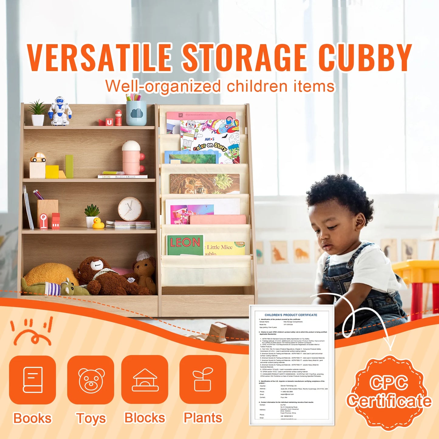 SucceBuy 4-Tier Kids Wooden Bookshelf 6-Layer Sling Bookcase Baby Storage Book Rack for Kids Room Playroom Kindergarten Nursery