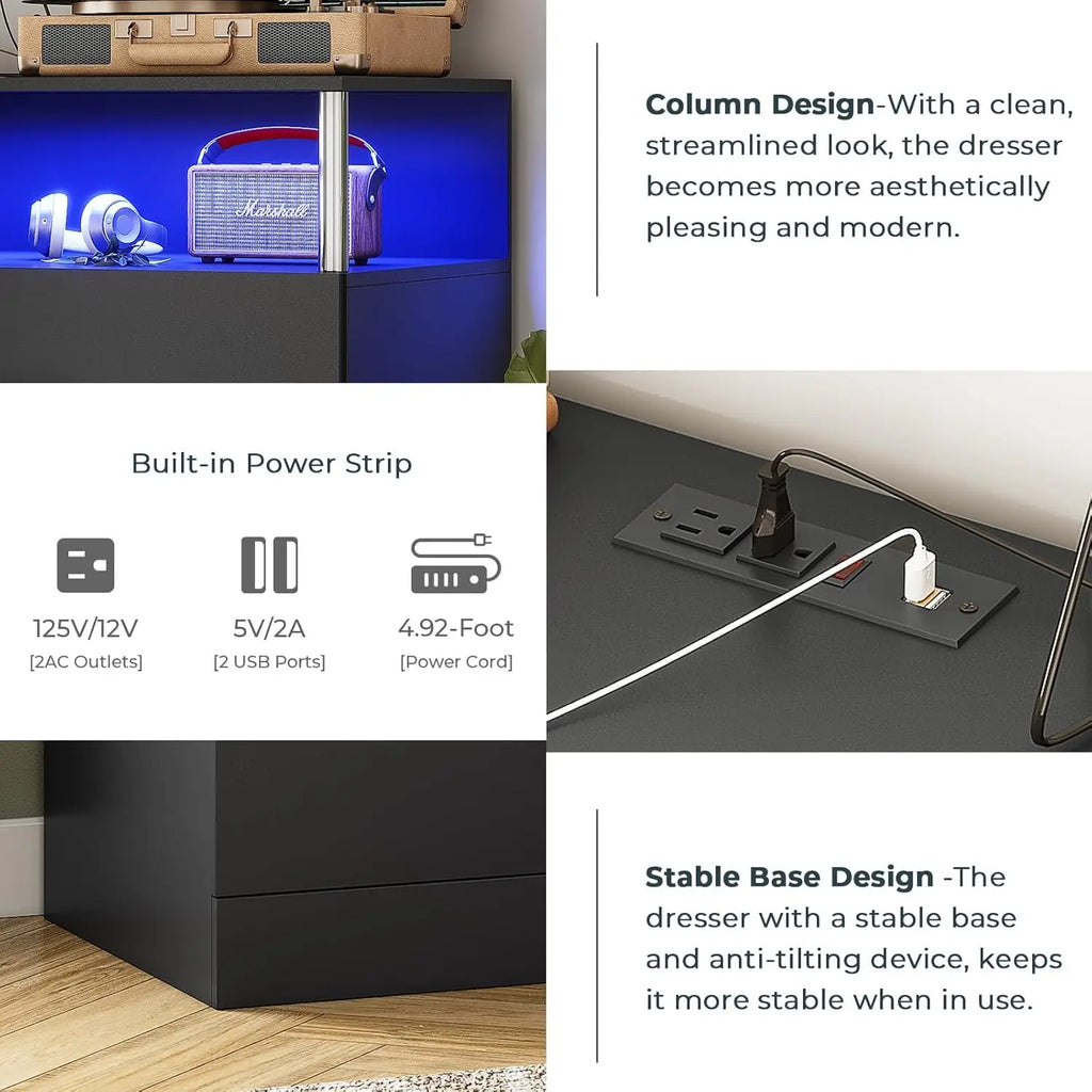 Dresser for Bedroom with Column Design,4 Drawer Dresser with Charging Station, Modern Bedroom Led Tall Black Dresser for Bedroom