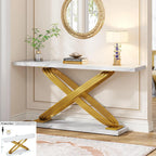 59 inch Gold Console Table, Modern Entryway Table with Grid-Shaped Metal Base for Entrance, Hallway, Entryway, Living Room