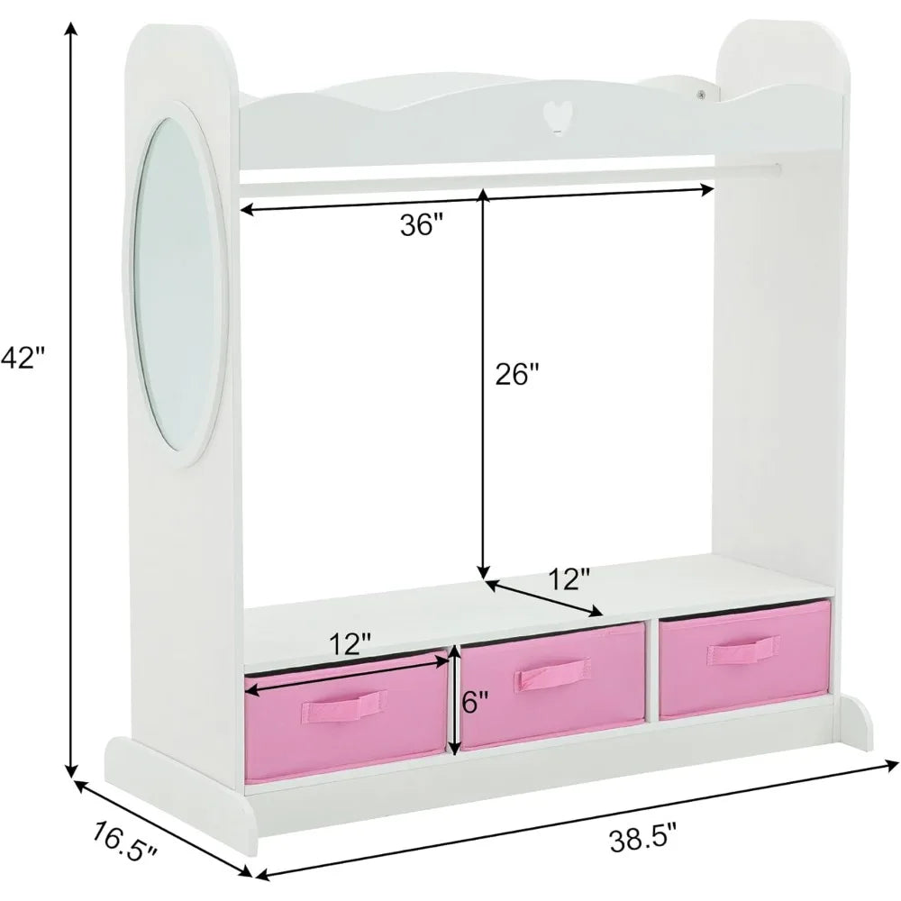 Kids Armoire Dress-Up Closet w/Mirror,Open Hanging Wardrobe w/Clothes Rack,Toddlers Pretend Play Costume Storage Dresser,Childr