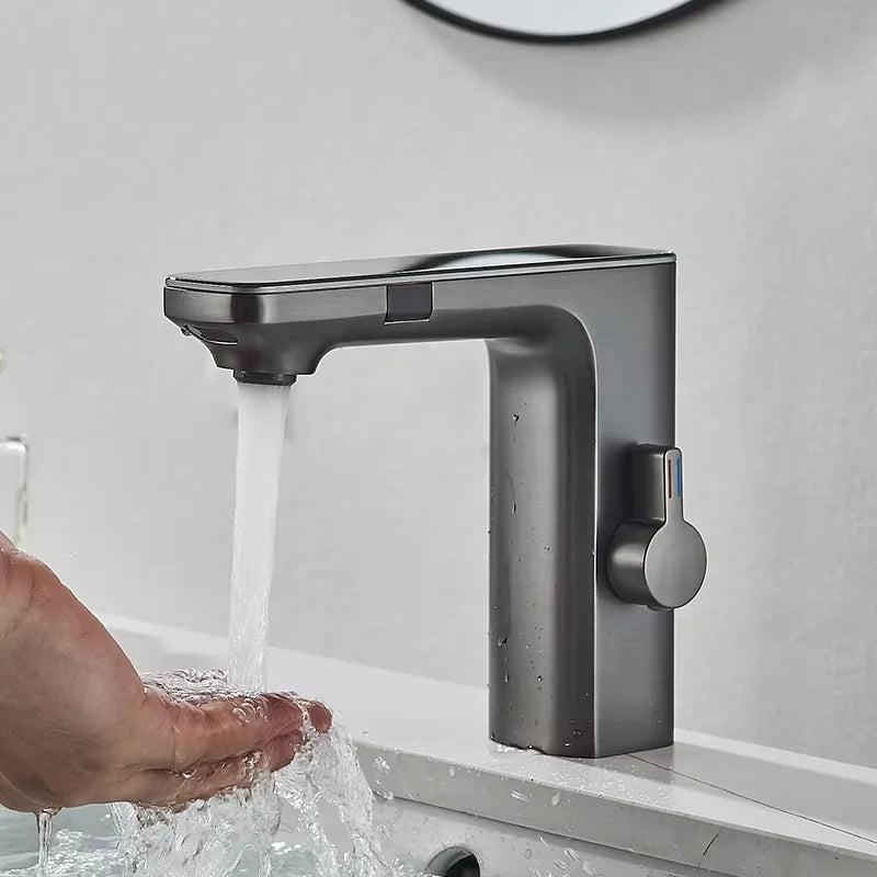 Gun Grey Smart Sensor Basin Faucet Digital Display Screen Hot Cold Water Mixer Tap Vanity Touchless Faucet For Bathroom Basin