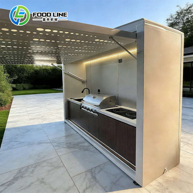 Customizable Portable Kitchen Container with Gas Grill Prep Sink Storage and Worktop for Outdoor Backyard