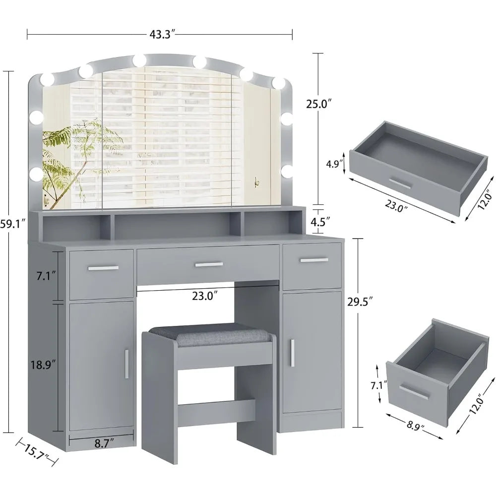 Large Vanity with Mirror and Light,Gray Dressing Table Set with 3 Drawers, 2 Cabinets and 10 LED Bulbs Dresser with Stool for W
