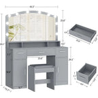 Large Vanity with Mirror and Light,Gray Dressing Table Set with 3 Drawers, 2 Cabinets and 10 LED Bulbs Dresser with Stool for W
