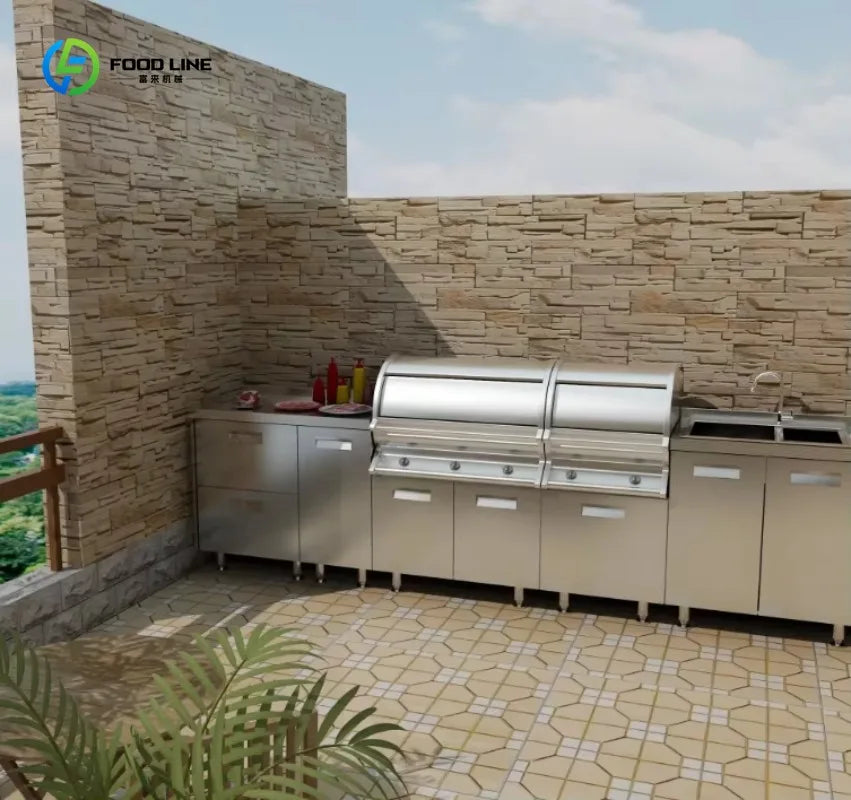 Custom Modern Outdoor Kitchen BBQ With Sink PVC Door Pizza Oven Small Refrigerator Cabinet Basket Kitchen Furniture