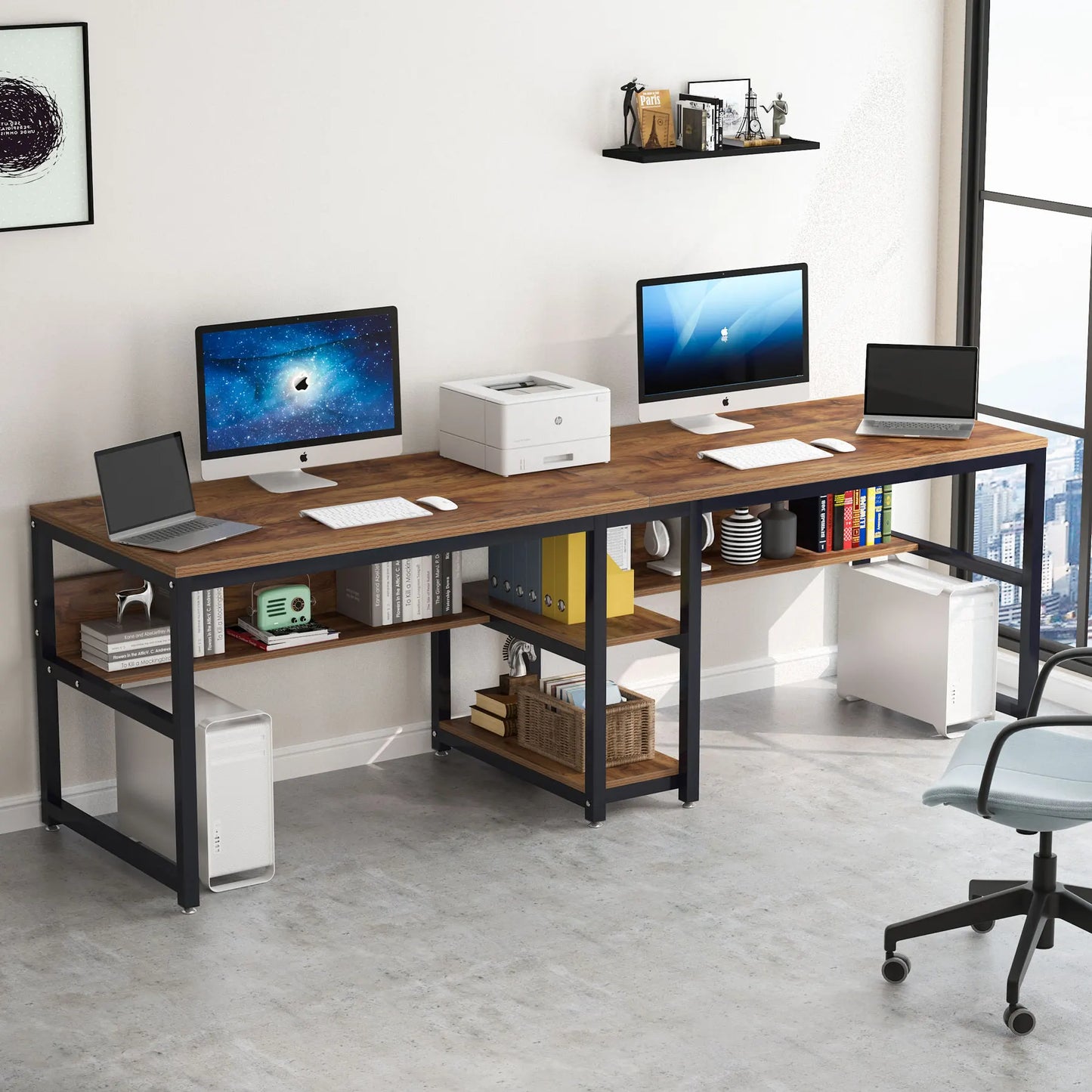 Two Person Desk with Bookshelf, 78.7" Double Computer Desk, Rustic Home Office Workstation Table | AlluCanFind