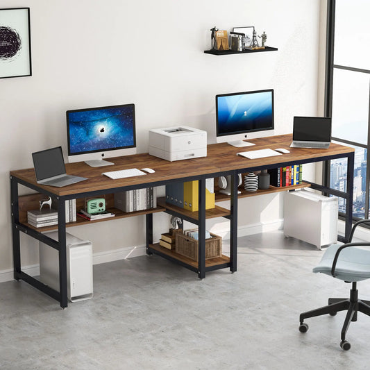 Two Person Desk with Bookshelf, 78.7" Double Computer Desk, Rustic Home Office Workstation Table | AlluCanFind