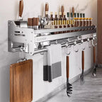 Stainless Steel Wall-Mounted Kitchen Storage Rack No-Drill Spice Shelf Knife Holder Condiment Organizer for Kitchen Counter