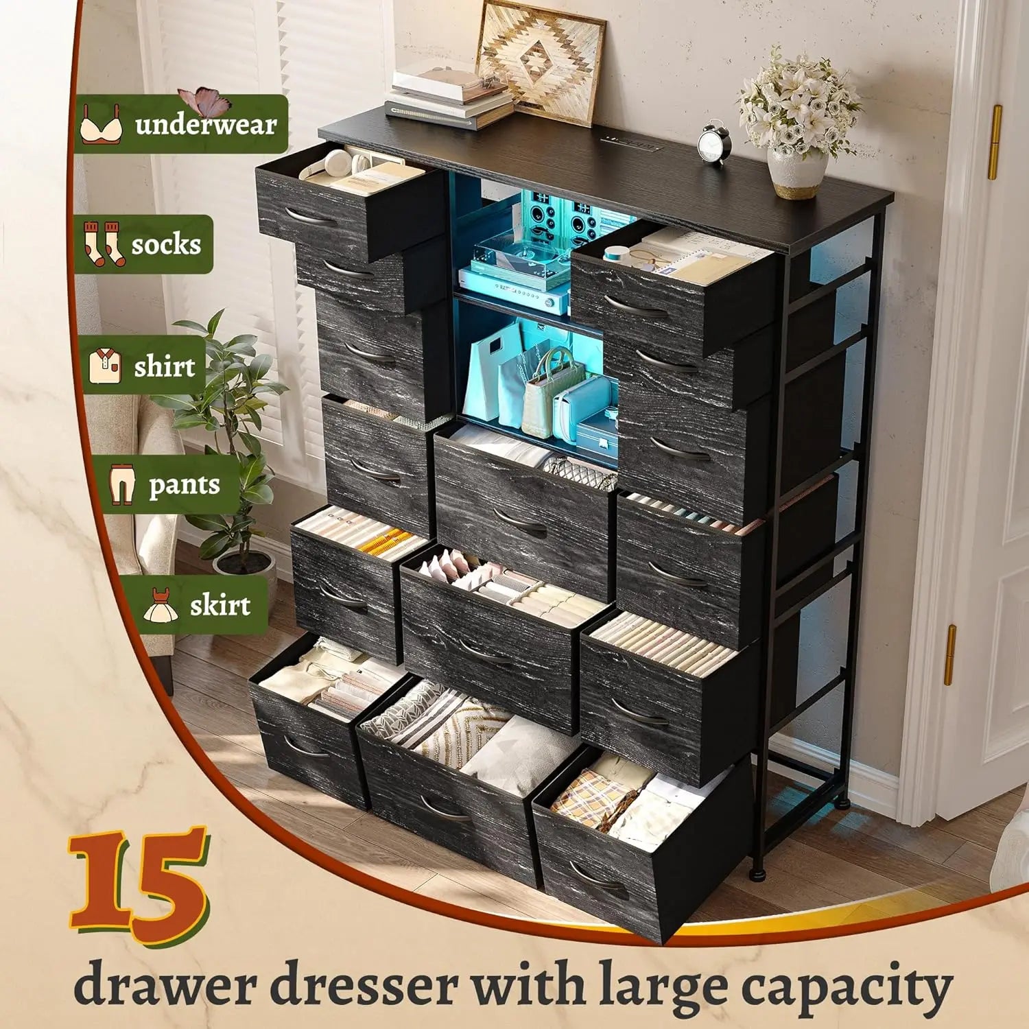 51" H Tall Dresser with 15 Drawers Dresser for Bedroom with Charging Station & LED Lights & Hutch Sturdy Black Bedroom Dressers